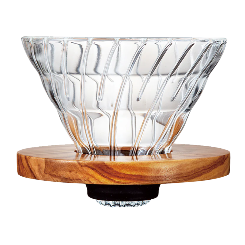 Hario V60 Dripper 02, Vetro trasparente con base in legno ulivo